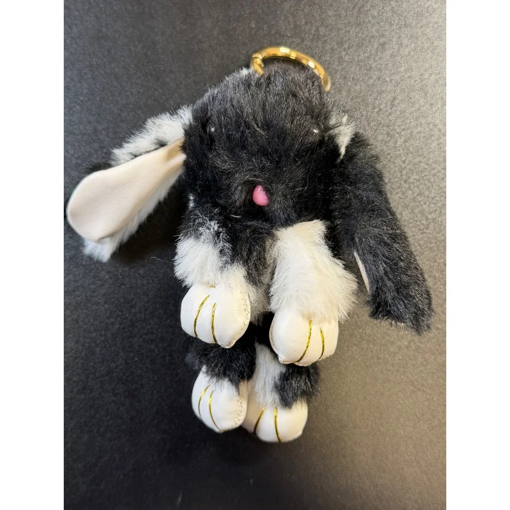 Fuzzy Bunny Rabbit Bag Charm Keychain Black White Faux Fur Plush Gold Clasp JB4